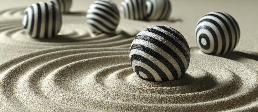 Black and white striped spheres rest in concentric circles etched into light beige sand; a serene, minimalist scene - Powered by Adobe