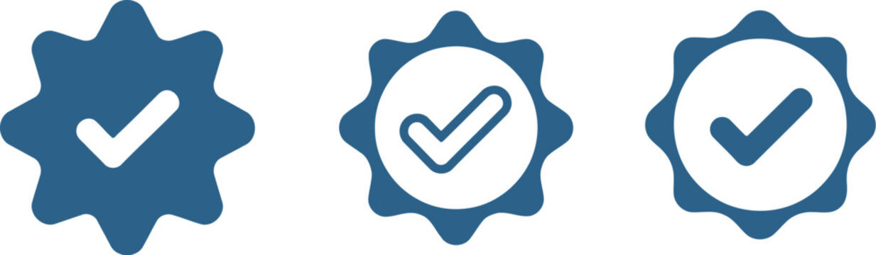 Three blue checkmark icons displayed within star-shaped badges, symbolizing verification, approval, or completion in various graphic styles.