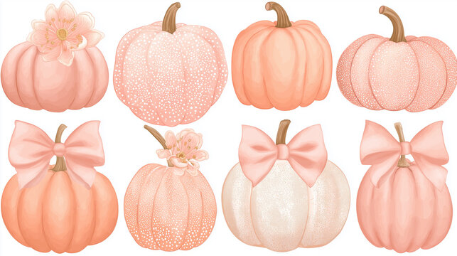 Eight pink pumpkins decorated with bows and flowers celebrating autumn festivities