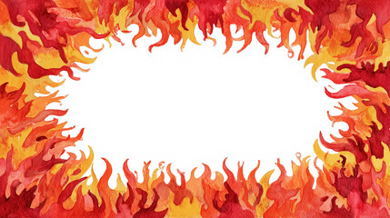 Watercolor painting creating a burning fire frame border