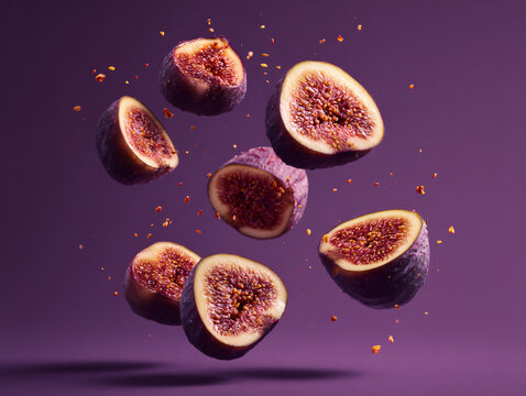 Fresh Organic Figs Sliced Flying Background Texture Healthy Fruit Colorful Autumn Juicy Purple Vitamins Tasty Dessert Cooking Kitchen Ingredients Vegetarian Diet Wellness Nature's Bounty Presentation - Powered by Adobe