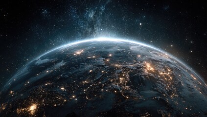 Fototapeta premium Earth at night, viewed from space, showcasing city lights and a luminous atmosphere against the backdrop of a star-filled cosmos and the Milky Way