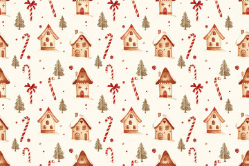 A whimsical pattern featuring houses, trees, and candy canes, perfect for holiday-themed decorations or crafts.