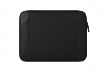 Closed black laptop sleeve case with zipper, isolated on transparent background, ideal for showcasing your designs