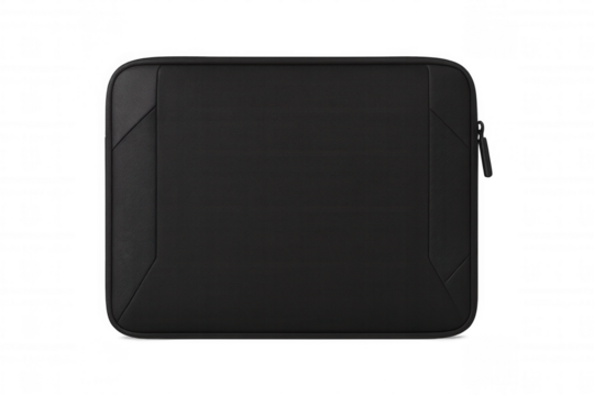 Closed black laptop sleeve case with zipper, isolated on transparent background, ideal for showcasing your designs