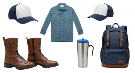 LIFESTYLE - Casual men's accessories and clothing set including boots, blue backpack, baseball caps, shirt, and travel tumbler on white background