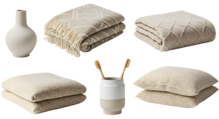 LIFESTYLE - Cozy beige and cream home textiles including blankets, pillows, and decorative ceramic vases arranged with wooden toothbrushes for minimalist interior design