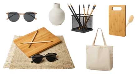 LIFESTYLE - Flat lay of casual accessories including sunglasses, wooden cutting board, paintbrushes in holder, white ceramic vase, and cotton tote bag on woven mat
