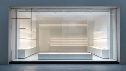 Modern minimalist retail store display window with clean white empty, interior and lighting
