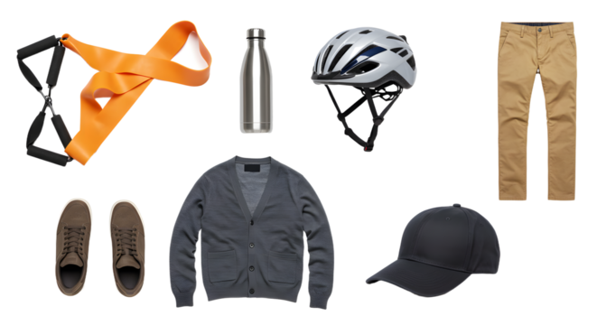 LIFESTYLE - Flat lay of men's casual outfit with jacket, pants, shoes, cap, sports helmet, water bottle, and orange resistance band on white background