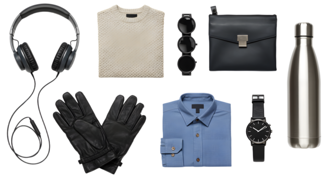 LIFESTYLE - Flat lay of men's fashion accessories. black headphones, beige sweater, black gloves, blue dress shirt, sunglasses, watch, black leather wallet, and silver water bottle on white background - Powered by Adobe