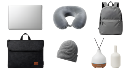 LIFESTYLE - Flat lay of travel essentials including laptop, neck pillow, backpack, laptop sleeve, beanie, aroma diffuser, and bottle with white background