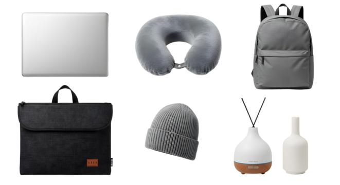 LIFESTYLE - Flat lay of travel essentials including laptop, neck pillow, backpack, laptop sleeve, beanie, aroma diffuser, and bottle with white background