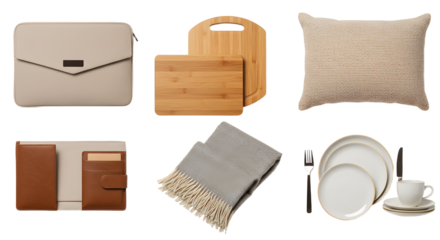 LIFESTYLE - Minimalist lifestyle essentials including beige leather clutch, wooden cutting boards, cozy pillow, brown leather wallet, soft gray scarf, and elegant white dinnerware set