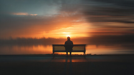 Fototapeta premium Silhouette of Person on Bench at Sunset Over Calm Lake, Peaceful Evening Scene, Tranquil Nature Photography