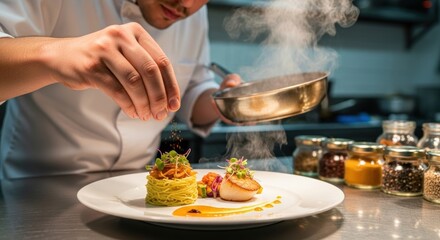 Professional chef plating and seasoning a gourmet dish with steam rising in a restaurant kitchen, fine dining.