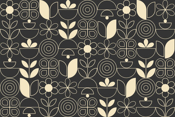 Abstract geometric floral pattern in beige and black, featuring retro-inspired flowers, leaves, and abstract shapes in a modern, minimal line art style © nooumaporn