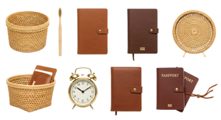 LIFESTYLE - Set of wicker baskets, leather notebooks, vintage alarm clock, and travel passports on white background