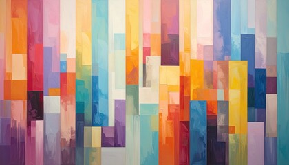 Abstract artwork featuring vertical rectangular blocks of varying colors, creating a vibrant and visually engaging composition.