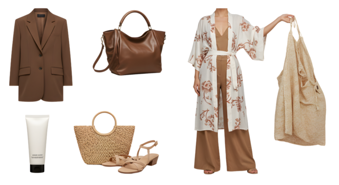 LIFESTYLE - Stylish beige and brown women's fashion ensemble including blazer, kimono, pants, handbags, sandals, and lotion for casual and elegant outfits