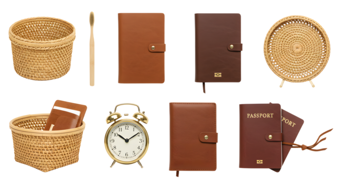 LIFESTYLE - Set of wicker baskets, leather notebooks, vintage alarm clock, and travel passports on white background