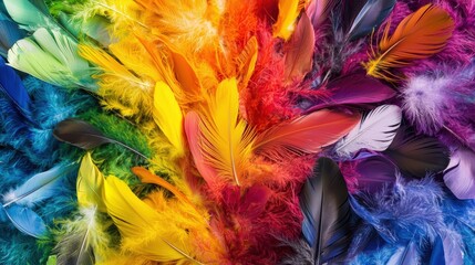 A vibrant feather collage with a focus on color harmony and balance.