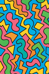 Seamless Retro 80s Memphis Style Geometric Pattern in Bright Colors