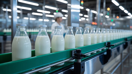 Dairy beverage bottles on an automated production line, Glass milk bottles on automated conveyor belt in modern dairy processing plant with warm industrial lighting,Fresh, created with generative ai	