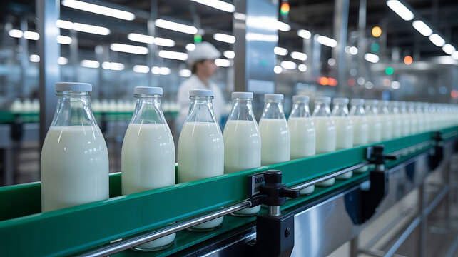 Dairy beverage bottles on an automated production line, Glass milk bottles on automated conveyor belt in modern dairy processing plant with warm industrial lighting,Fresh, created with generative ai	