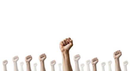 Raised fist in the foreground with many blurred fists behind, symbolizing protest, power, unity, and social activism.