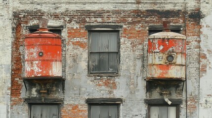 Naklejka premium Weathered brick building with rusty red tanks