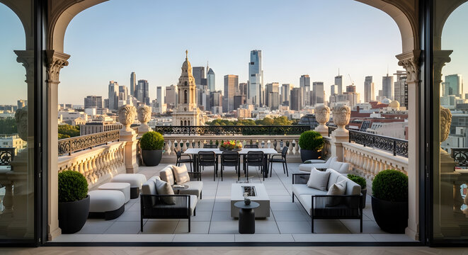 Luxurious rooftop terrace with modern furniture ornate stone balustrade and a panoramic city view at sunset.