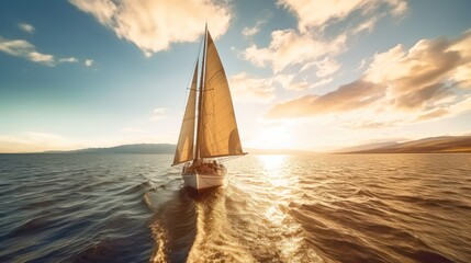 A sailboat sailing on the ocean at sunset, with a clear sky and mountains in the background.
