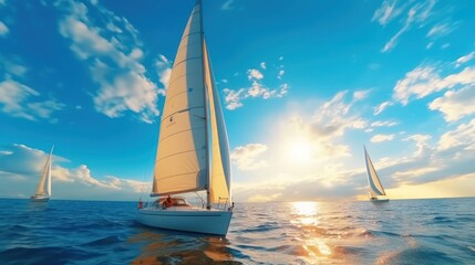 Fototapeta premium A sailboat sailing on the ocean with a clear blue sky and white clouds in the background.