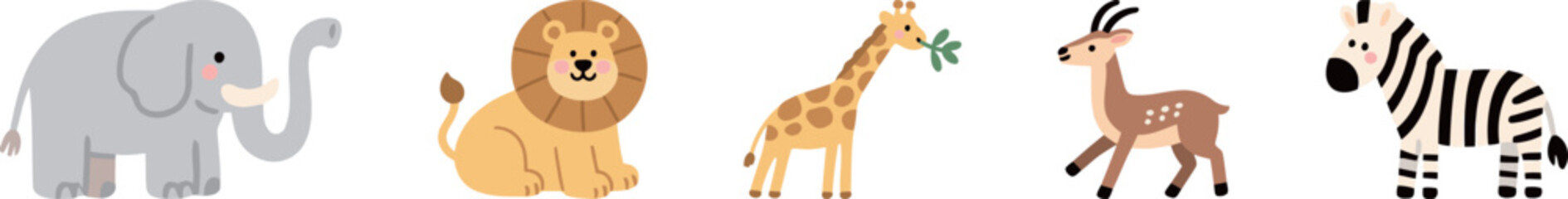 A simple and cute cartoon illustration of five different safari animals in a row, including an elephant, lion, giraffe, antelope, and zebra. © Zhangxiao