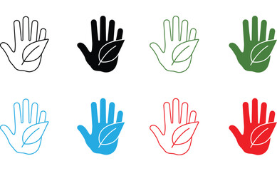 leaf and hand icon save nature symbol design element logo template vector.Plant leaf in hand logo. Vector illustration, flat design.Hand line icon with leaf. symbol to plant. simple design