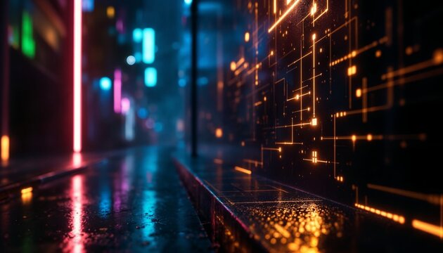 Abstract Geometric Matrix Coding Class with Neon Lights and Reflective Surfaces in a Futuristic Digital Environment - Powered by Adobe