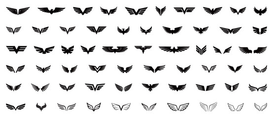 A comprehensive set of black wing icons and logos in different styles, perfect for brand identity and graphic design projects.
