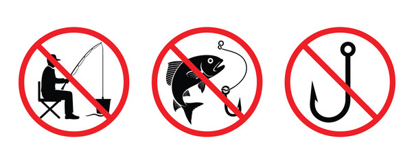 Forbidden Fishing Hook Fish Black Silhouette Icon Set. Fisherman Red Stop Circle Symbol. No fishing allowed symbol, preventing aquatic activities with hook and line, protecting marine life zone