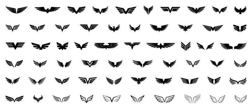 A comprehensive set of black wing icons and logos in different styles, perfect for brand identity and graphic design projects.