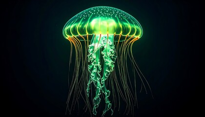 Luminous green jellyfish floating gracefully in the deep ocean darkness