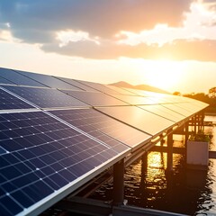 Floating solar panels at sunset