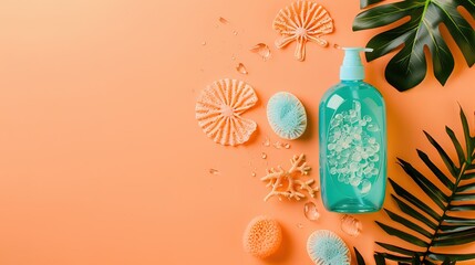 A two tone teal and orange body wash bottle accompanied by coral leaves and sponges rests on an orange background, creating a vibrant and fresh scene ideal for bathroom, skincare, and personal care 