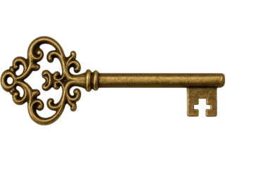 Decorative antique gold key on dark textured background. Suitable for vintage, luxury, or mystery themed designs. Perfect for adding elegance.