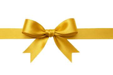 Golden ribbon tied into a bow on transparent background, elegant and versatile for festive designs like invitations, cards, or decorations.