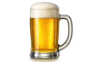 Chilled mug overflowing with golden beer and thick white foam, isolated on a transparent background, ready for compositing