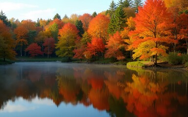Fototapeta premium Colorful foliage tree reflections in calm pond water on a beautiful autumn day in New England. High quality