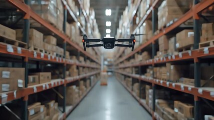Autonomous Inventory Management, A Drone Navigates Warehouse Aisles for Efficient Stocktaking
