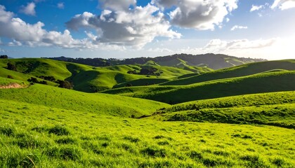 Obraz premium Lush Green Hills Landscape with Blue Sky and Clouds, A Serene Scenery