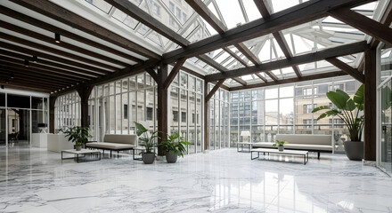 Modern sunlit atrium with polished marble floors rustic dark wood beams and minimalist seating.